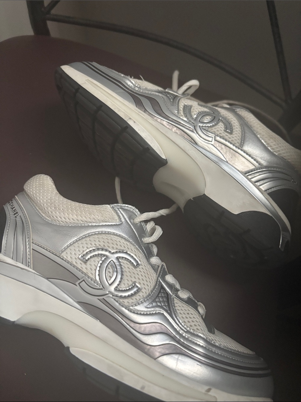 CHANEL White and Silver Mesh Platform Sneakers